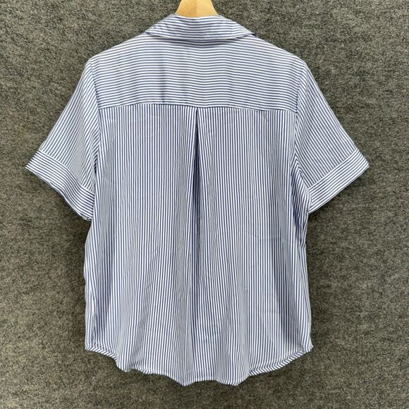 Worthington Shirt Women L Large Blue Striped Button Up Collared Short Sleeve - Picture 2 of 6